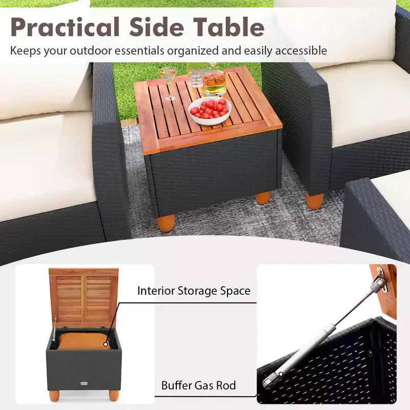 Costway 5 PCS Patio Furniture Set with Storage Table Ottomans Soft Pillows & Cushions