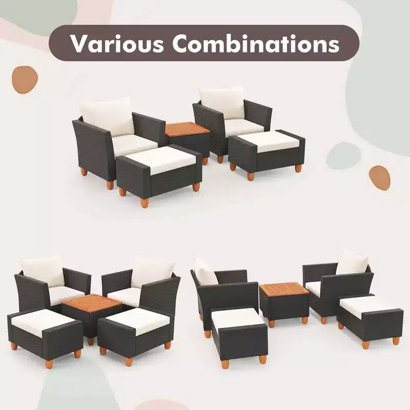 Costway 5 PCS Patio Furniture Set with Storage Table Ottomans Soft Pillows & Cushions