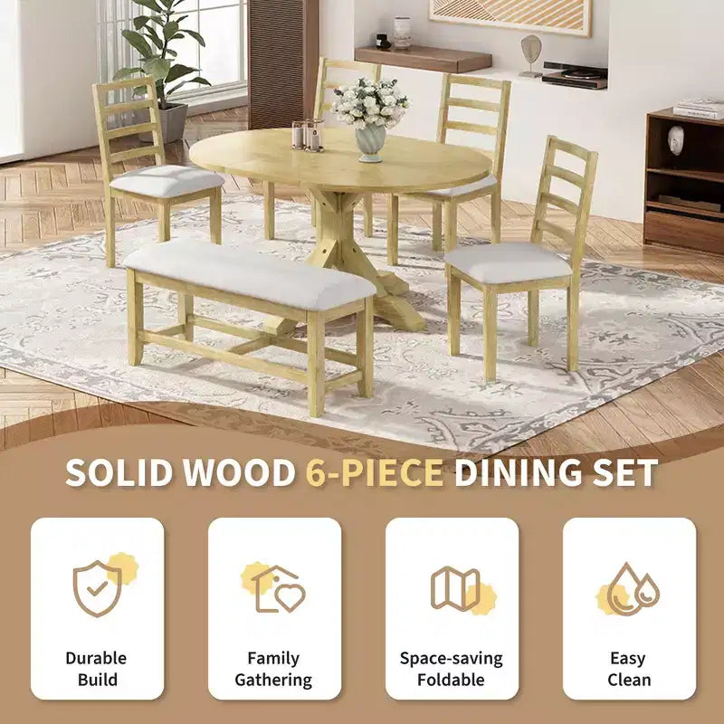 Whisen Farmhouse 6-Piece Dining Table Set, Kitchen Dining Sets with Extendable Dining Table, 1 Bench and 4 Ladder Back Dining Chairs