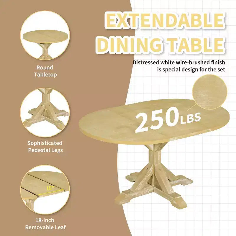 Whisen Farmhouse 6-Piece Dining Table Set, Kitchen Dining Sets with Extendable Dining Table, 1 Bench and 4 Ladder Back Dining Chairs