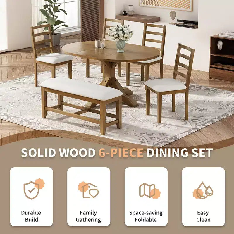 Whisen Farmhouse 6-Piece Dining Table Set, Kitchen Dining Sets with Extendable Dining Table, 1 Bench and 4 Ladder Back Dining Chairs
