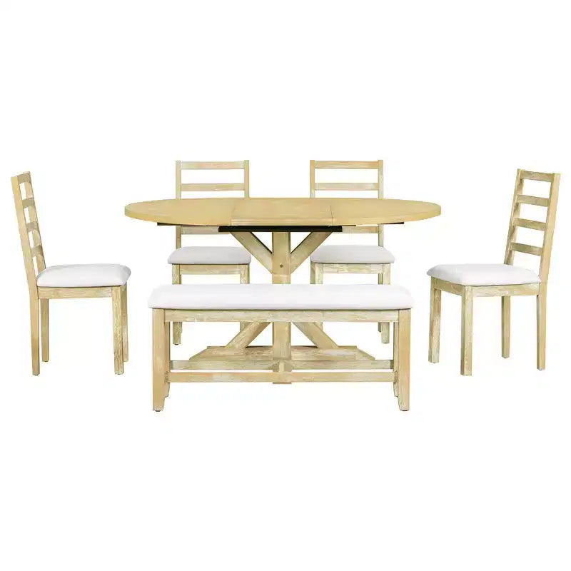 Whisen Farmhouse 6-Piece Dining Table Set, Kitchen Dining Sets with Extendable Dining Table, 1 Bench and 4 Ladder Back Dining Chairs