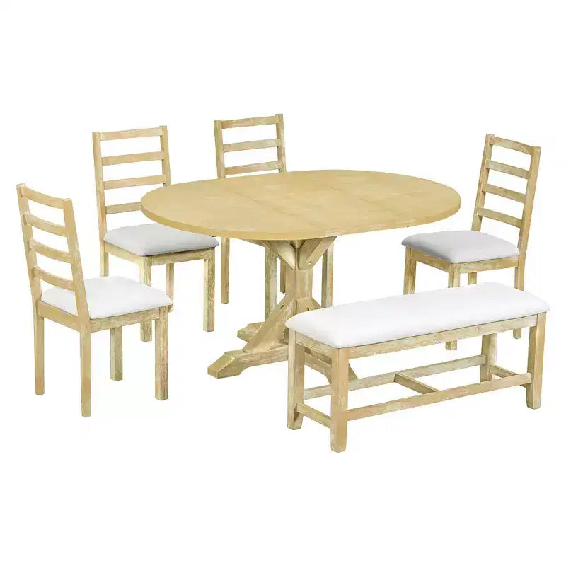 Whisen Farmhouse 6-Piece Dining Table Set, Kitchen Dining Sets with Extendable Dining Table, 1 Bench and 4 Ladder Back Dining Chairs