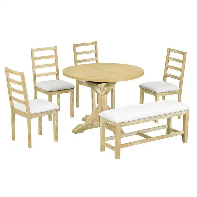 Whisen Farmhouse 6-Piece Dining Table Set, Kitchen Dining Sets with Extendable Dining Table, 1 Bench and 4 Ladder Back Dining Chairs