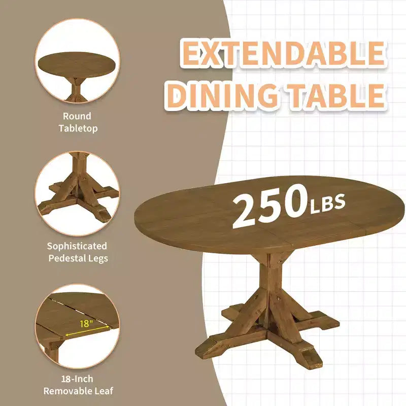 Whisen Farmhouse 6-Piece Dining Table Set, Kitchen Dining Sets with Extendable Dining Table, 1 Bench and 4 Ladder Back Dining Chairs