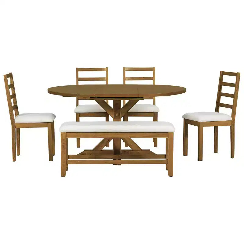 Whisen Farmhouse 6-Piece Dining Table Set, Kitchen Dining Sets with Extendable Dining Table, 1 Bench and 4 Ladder Back Dining Chairs