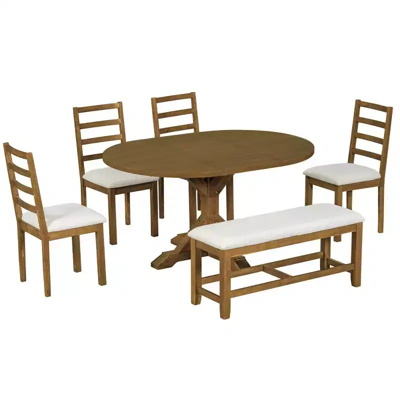 Whisen Farmhouse 6-Piece Dining Table Set, Kitchen Dining Sets with Extendable Dining Table, 1 Bench and 4 Ladder Back Dining Chairs