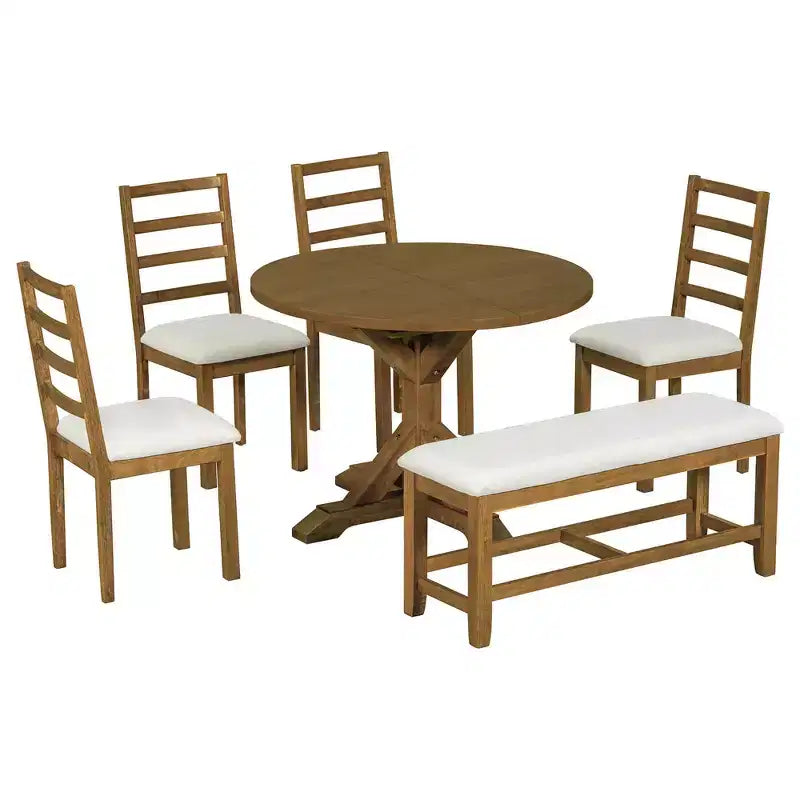 Whisen Farmhouse 6-Piece Dining Table Set, Kitchen Dining Sets with Extendable Dining Table, 1 Bench and 4 Ladder Back Dining Chairs