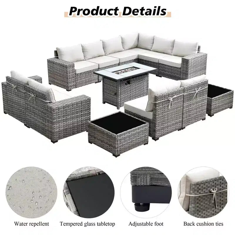 Marlton 13pc Wicker Outdoor Patio Furniture Set Conversation Sofa Set with a Rectangle Fire Pit and Cushions