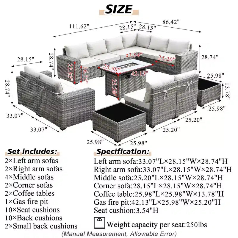 Marlton 13pc Wicker Outdoor Patio Furniture Set Conversation Sofa Set with a Rectangle Fire Pit and Cushions