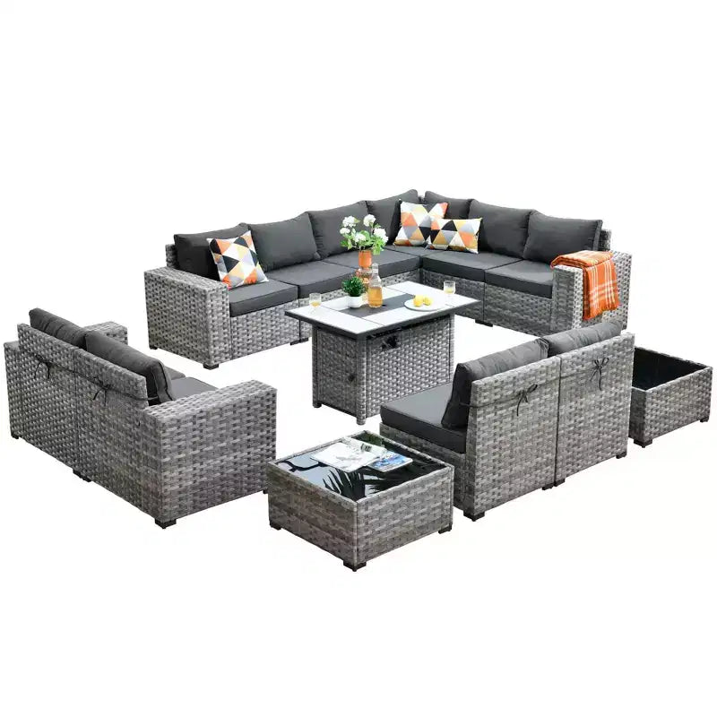 Marlton 13pc Wicker Outdoor Patio Furniture Set Conversation Sofa Set with a Rectangle Fire Pit and Cushions