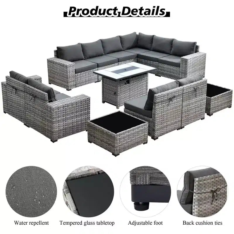 Marlton 13pc Wicker Outdoor Patio Furniture Set Conversation Sofa Set with a Rectangle Fire Pit and Cushions