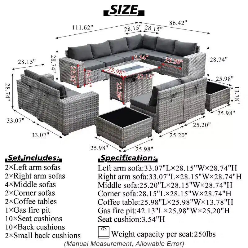 Marlton 13pc Wicker Outdoor Patio Furniture Set Conversation Sofa Set with a Rectangle Fire Pit and Cushions