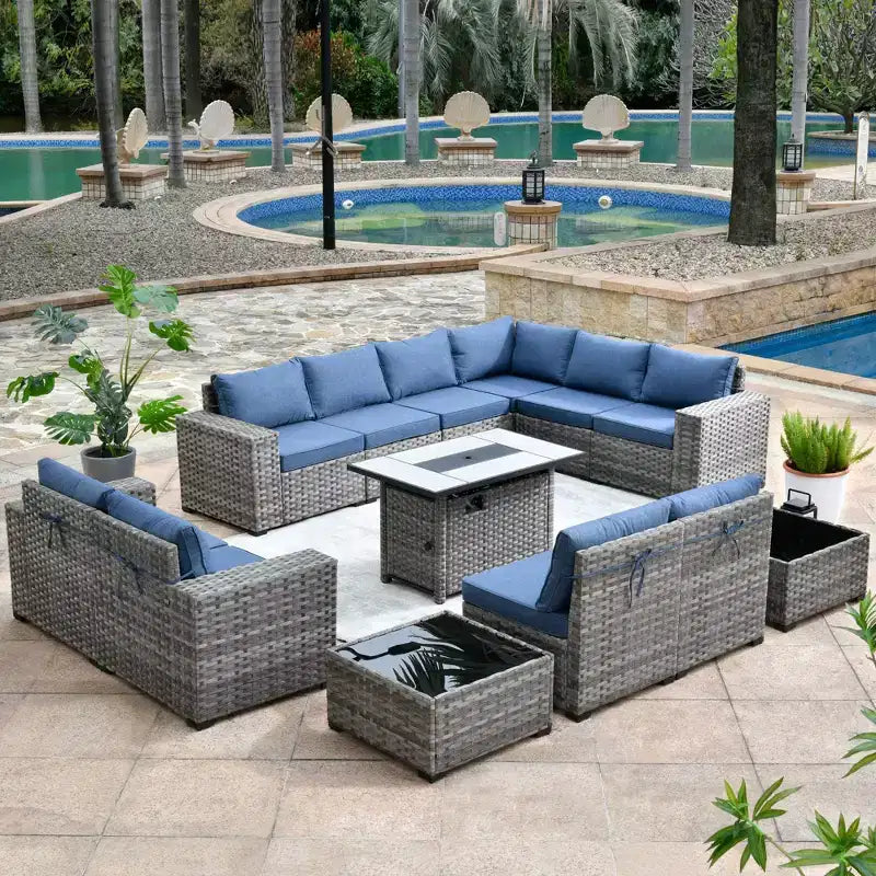Marlton 13pc Wicker Outdoor Patio Furniture Set Conversation Sofa Set with a Rectangle Fire Pit and Cushions