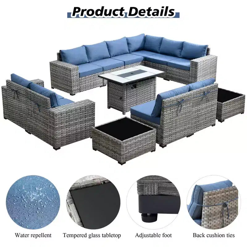 Marlton 13pc Wicker Outdoor Patio Furniture Set Conversation Sofa Set with a Rectangle Fire Pit and Cushions