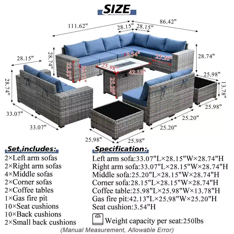 Marlton 13pc Wicker Outdoor Patio Furniture Set Conversation Sofa Set with a Rectangle Fire Pit and Cushions