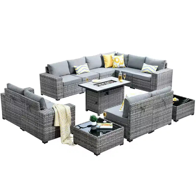 Marlton 13pc Wicker Outdoor Patio Furniture Set Conversation Sofa Set with a Rectangle Fire Pit and Cushions
