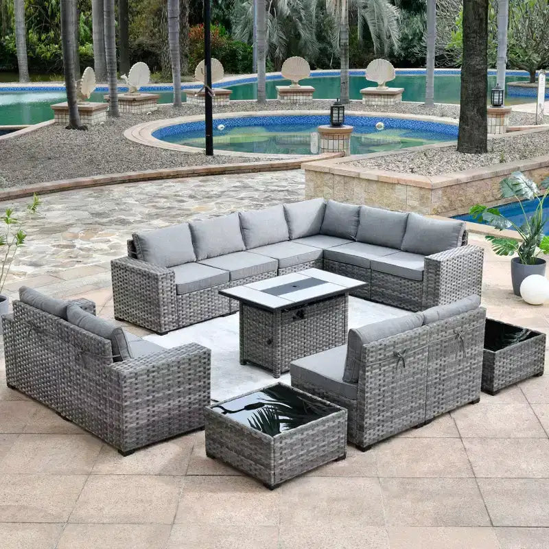 Marlton 13pc Wicker Outdoor Patio Furniture Set Conversation Sofa Set with a Rectangle Fire Pit and Cushions