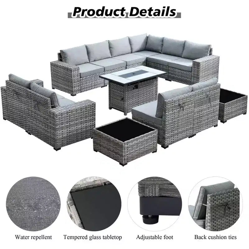 Marlton 13pc Wicker Outdoor Patio Furniture Set Conversation Sofa Set with a Rectangle Fire Pit and Cushions