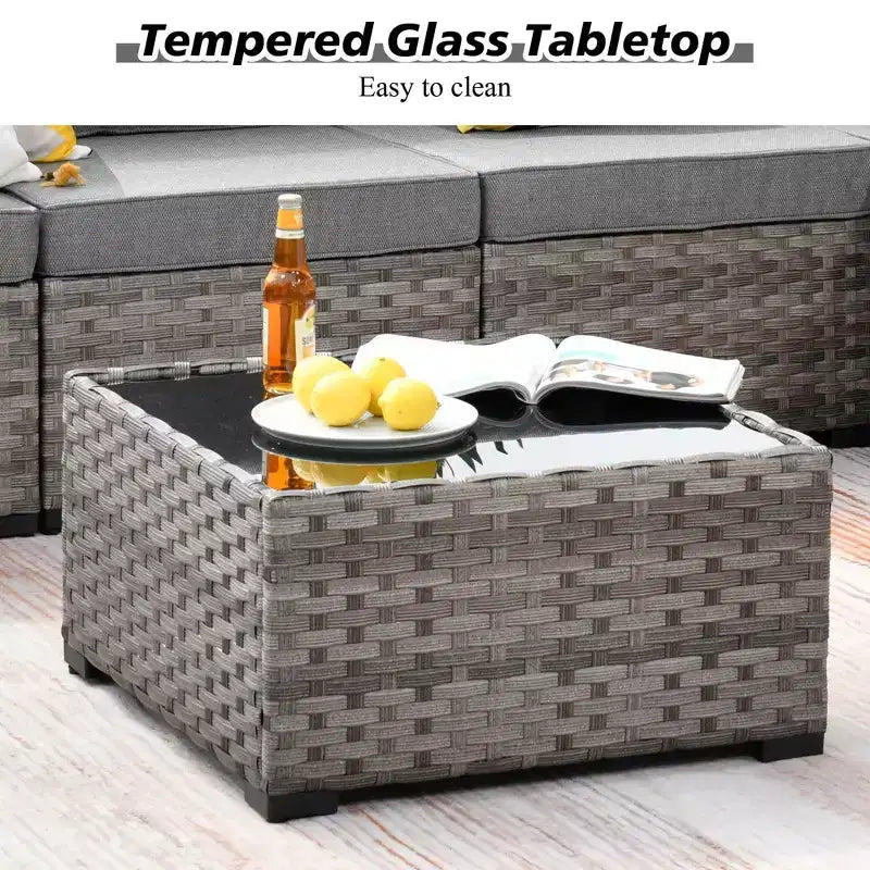 Marlton 13pc Wicker Outdoor Patio Furniture Set Conversation Sofa Set with a Rectangle Fire Pit and Cushions