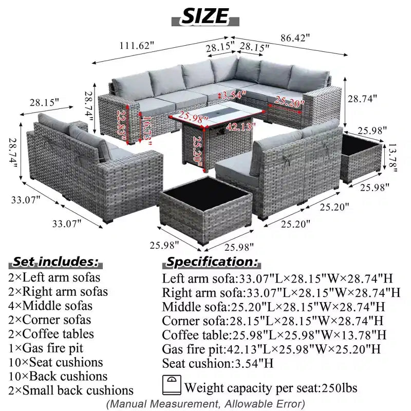 Marlton 13pc Wicker Outdoor Patio Furniture Set Conversation Sofa Set with a Rectangle Fire Pit and Cushions