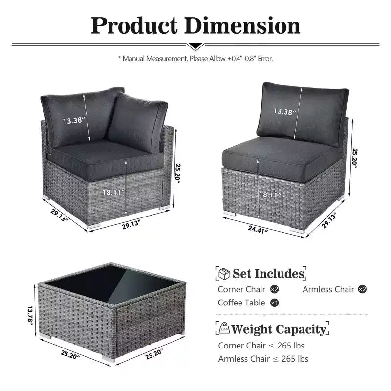 Ensemble de mobilier de jardin 5 pièces en osier Venise – Canapé de conversation avec table et coussins