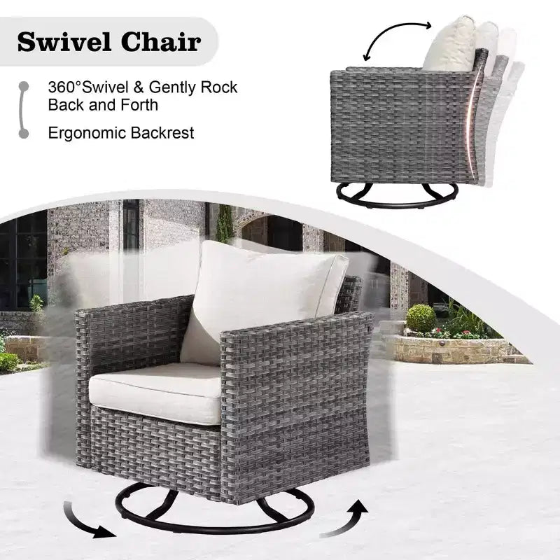 Ovios Venice 11pc Wicker Outdoor Patio Furniture Set Conversation Sofa with a Metal Fire Pit, Swivel Chairs and Cushions