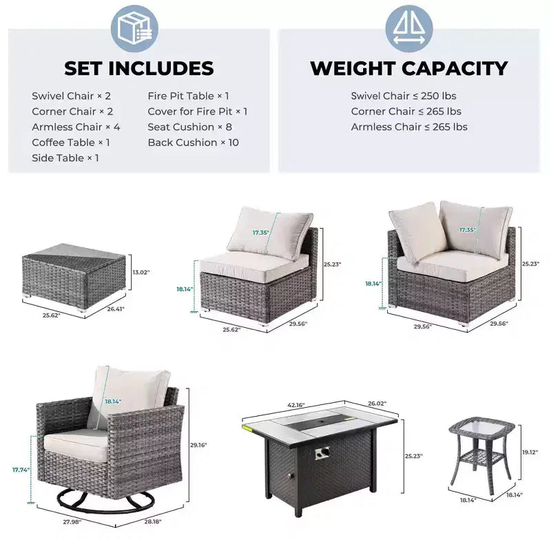 Ovios Venice 11pc Wicker Outdoor Patio Furniture Set Conversation Sofa with a Metal Fire Pit, Swivel Chairs and Cushions