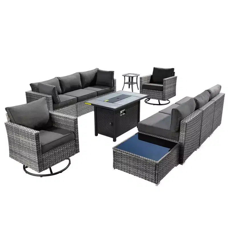 Ovios Venice 11pc Wicker Outdoor Patio Furniture Set Conversation Sofa with a Metal Fire Pit, Swivel Chairs and Cushions