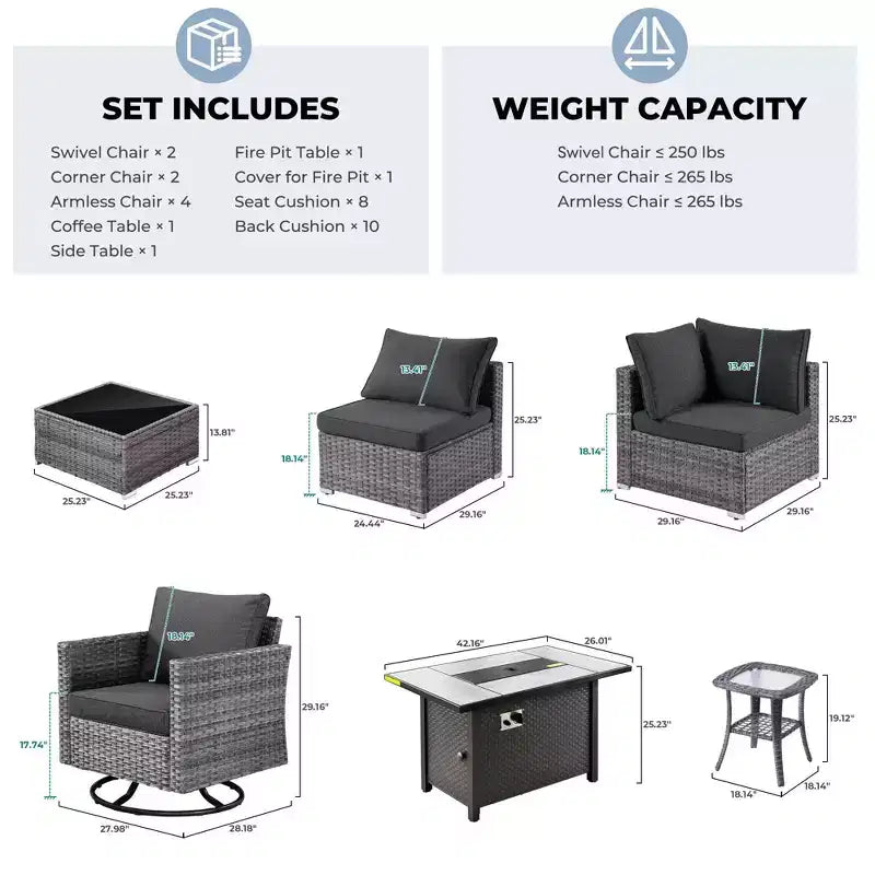 Ovios Venice 11pc Wicker Outdoor Patio Furniture Set Conversation Sofa with a Metal Fire Pit, Swivel Chairs and Cushions