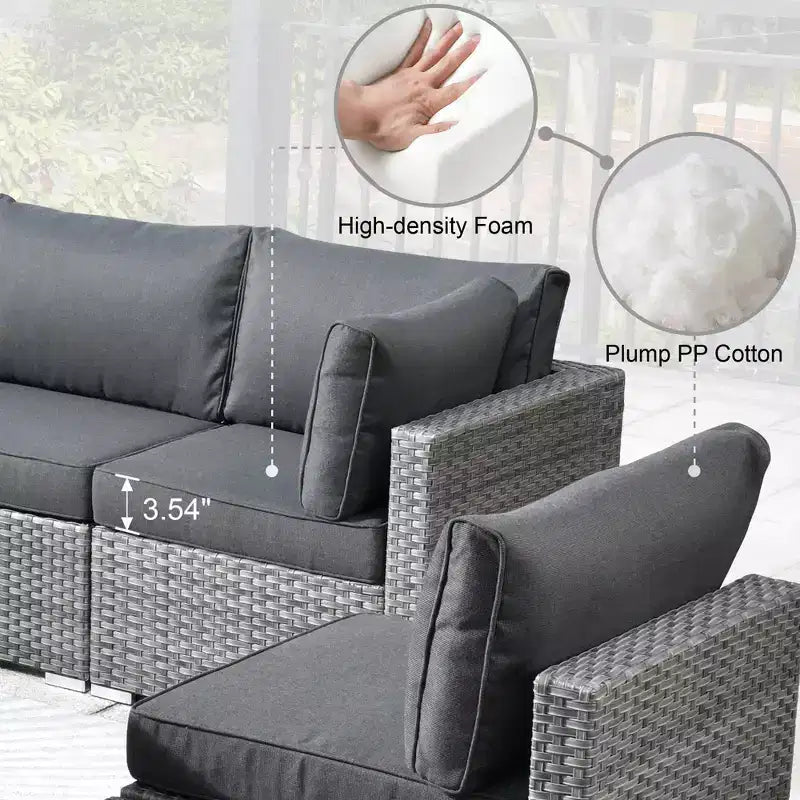 Ovios Venice 11pc Wicker Outdoor Patio Furniture Set Conversation Sofa with a Metal Fire Pit, Swivel Chairs and Cushions