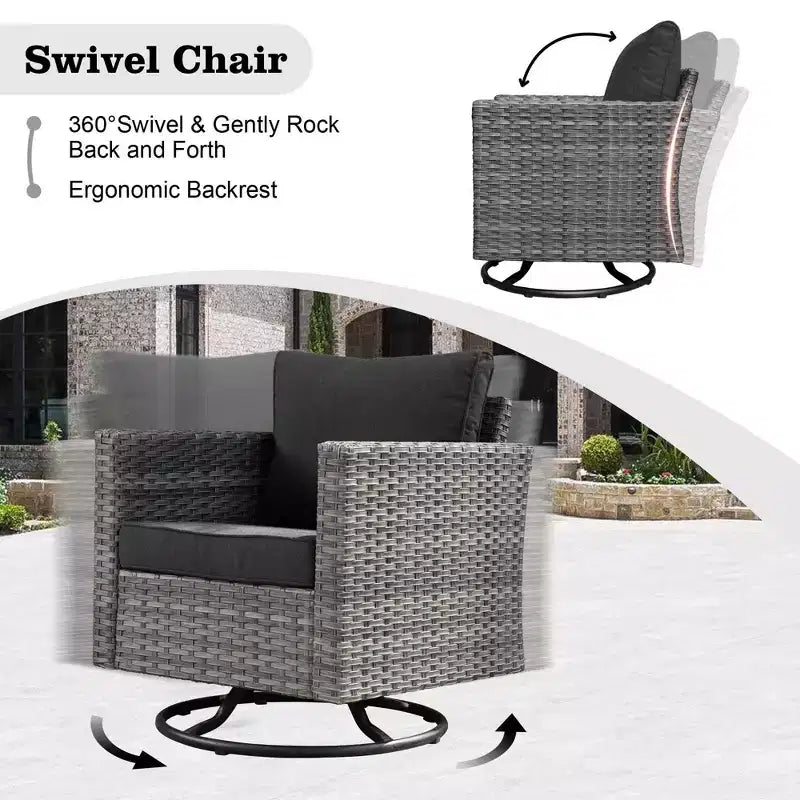 Ovios Venice 11pc Wicker Outdoor Patio Furniture Set Conversation Sofa with a Metal Fire Pit, Swivel Chairs and Cushions