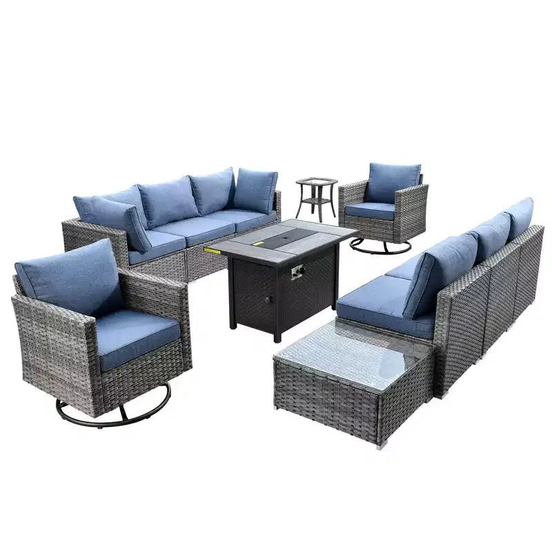 Ovios Venice 11pc Wicker Outdoor Patio Furniture Set Conversation Sofa with a Metal Fire Pit, Swivel Chairs and Cushions