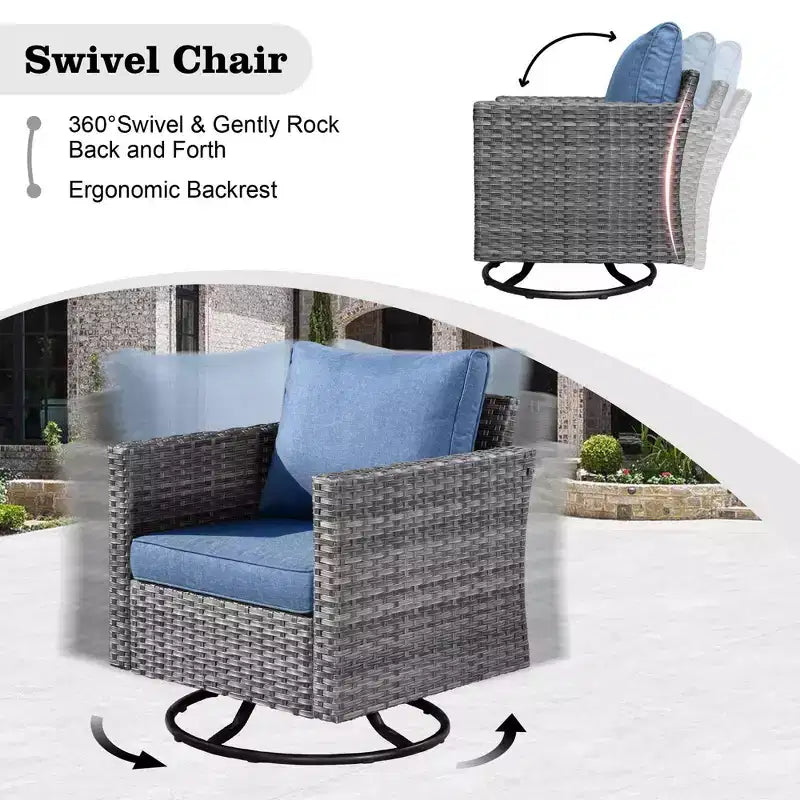 Ovios Venice 11pc Wicker Outdoor Patio Furniture Set Conversation Sofa with a Metal Fire Pit, Swivel Chairs and Cushions