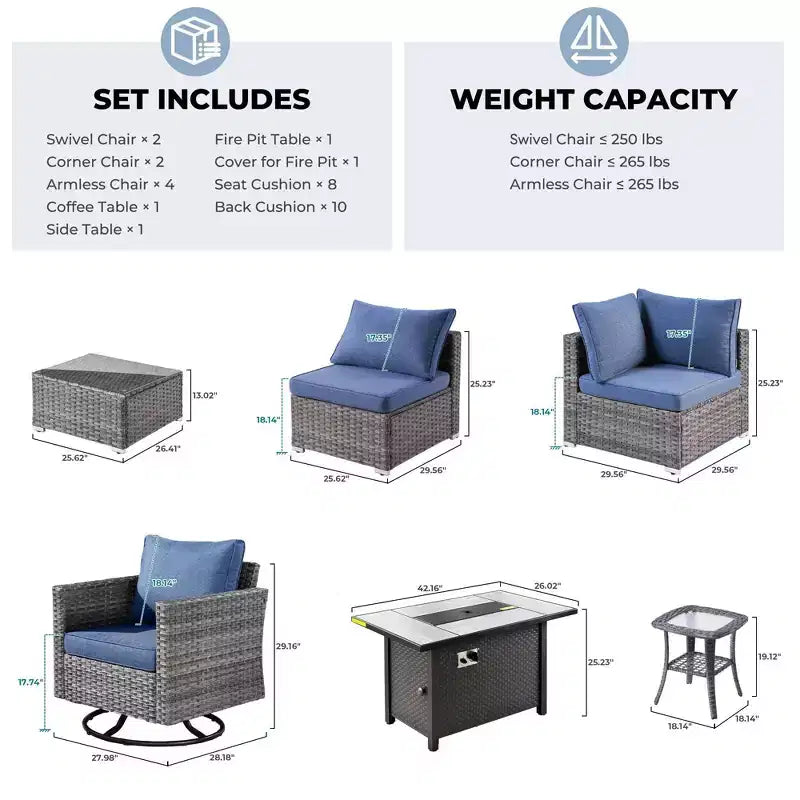 Ovios Venice 11pc Wicker Outdoor Patio Furniture Set Conversation Sofa with a Metal Fire Pit, Swivel Chairs and Cushions
