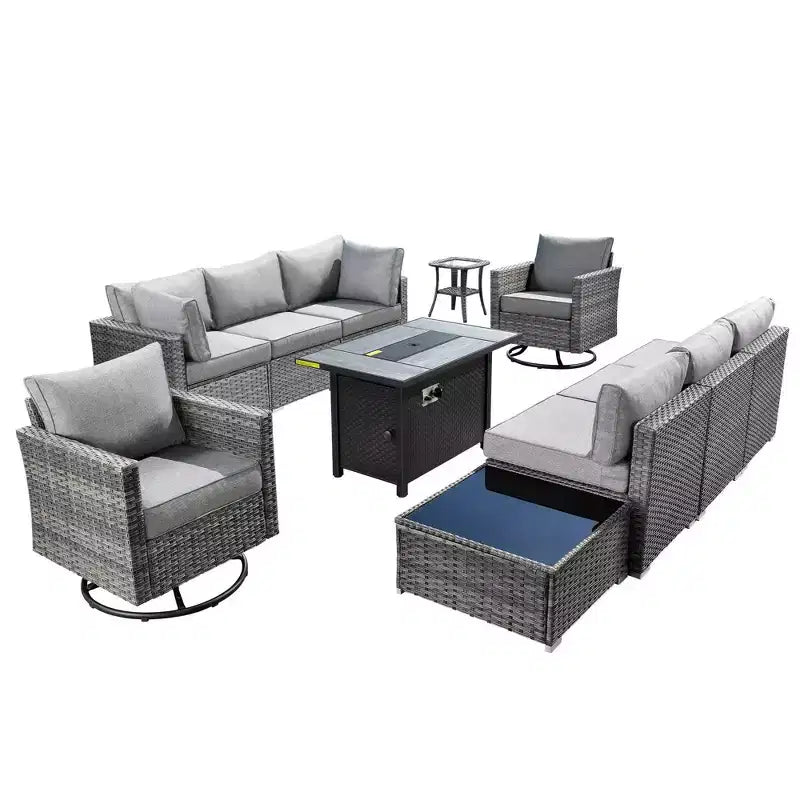 Ovios Venice 11pc Wicker Outdoor Patio Furniture Set Conversation Sofa with a Metal Fire Pit, Swivel Chairs and Cushions