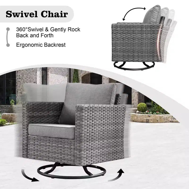Ovios Venice 11pc Wicker Outdoor Patio Furniture Set Conversation Sofa with a Metal Fire Pit, Swivel Chairs and Cushions
