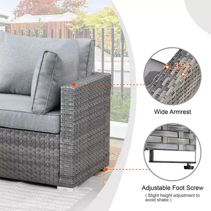 Ovios Venice 11pc Wicker Outdoor Patio Furniture Set Conversation Sofa with a Metal Fire Pit, Swivel Chairs and Cushions