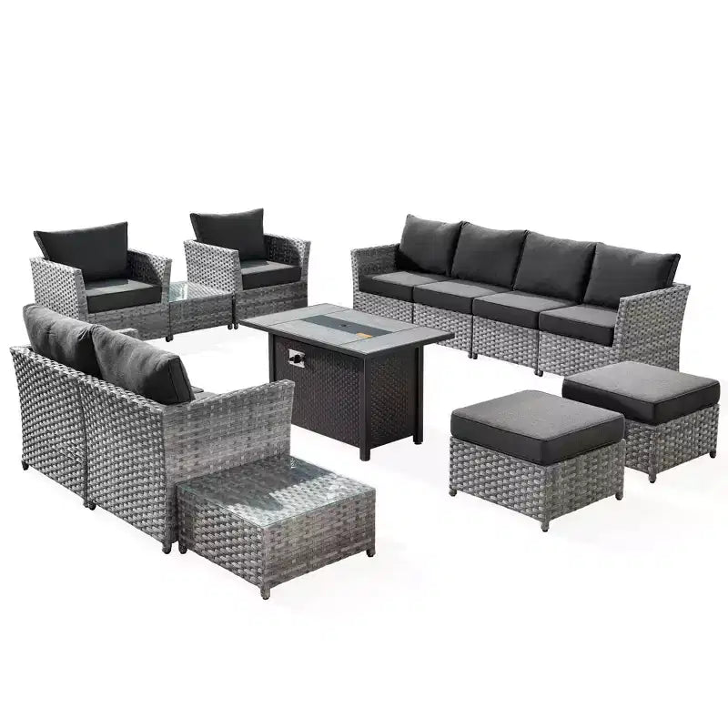Tenaya 13pc Wicker Outdoor Patio Furniture Set Conversation Sofa with a Metal Fire Pit and Cushions