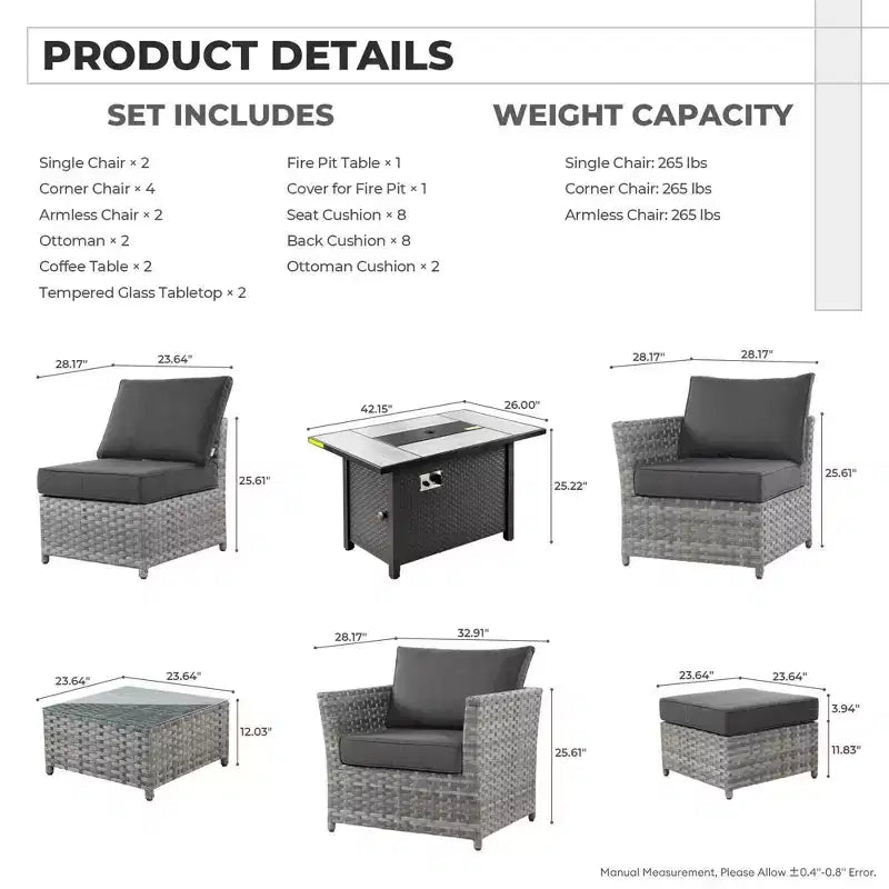 Tenaya 13pc Wicker Outdoor Patio Furniture Set Conversation Sofa with a Metal Fire Pit and Cushions