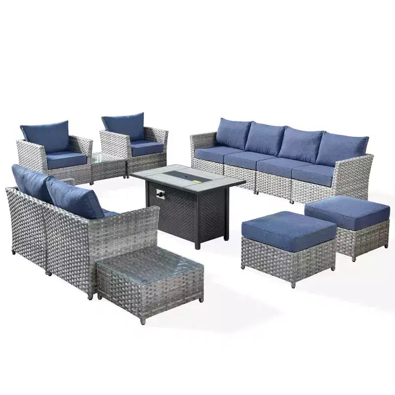 Tenaya 13pc Wicker Outdoor Patio Furniture Set Conversation Sofa with a Metal Fire Pit and Cushions