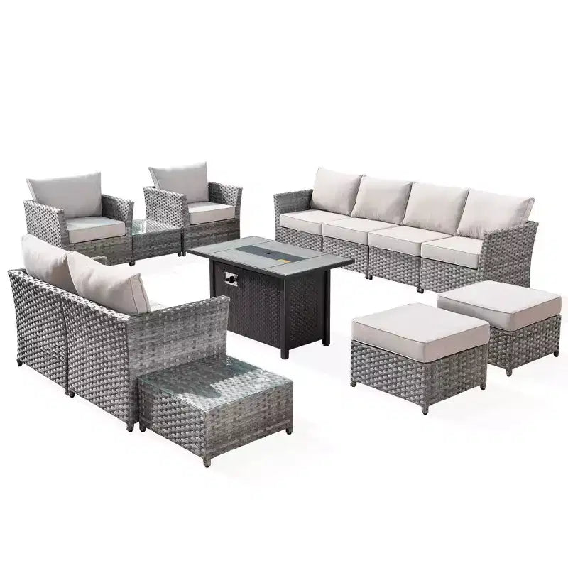 Tenaya 13pc Wicker Outdoor Patio Furniture Set Conversation Sofa with a Metal Fire Pit and Cushions