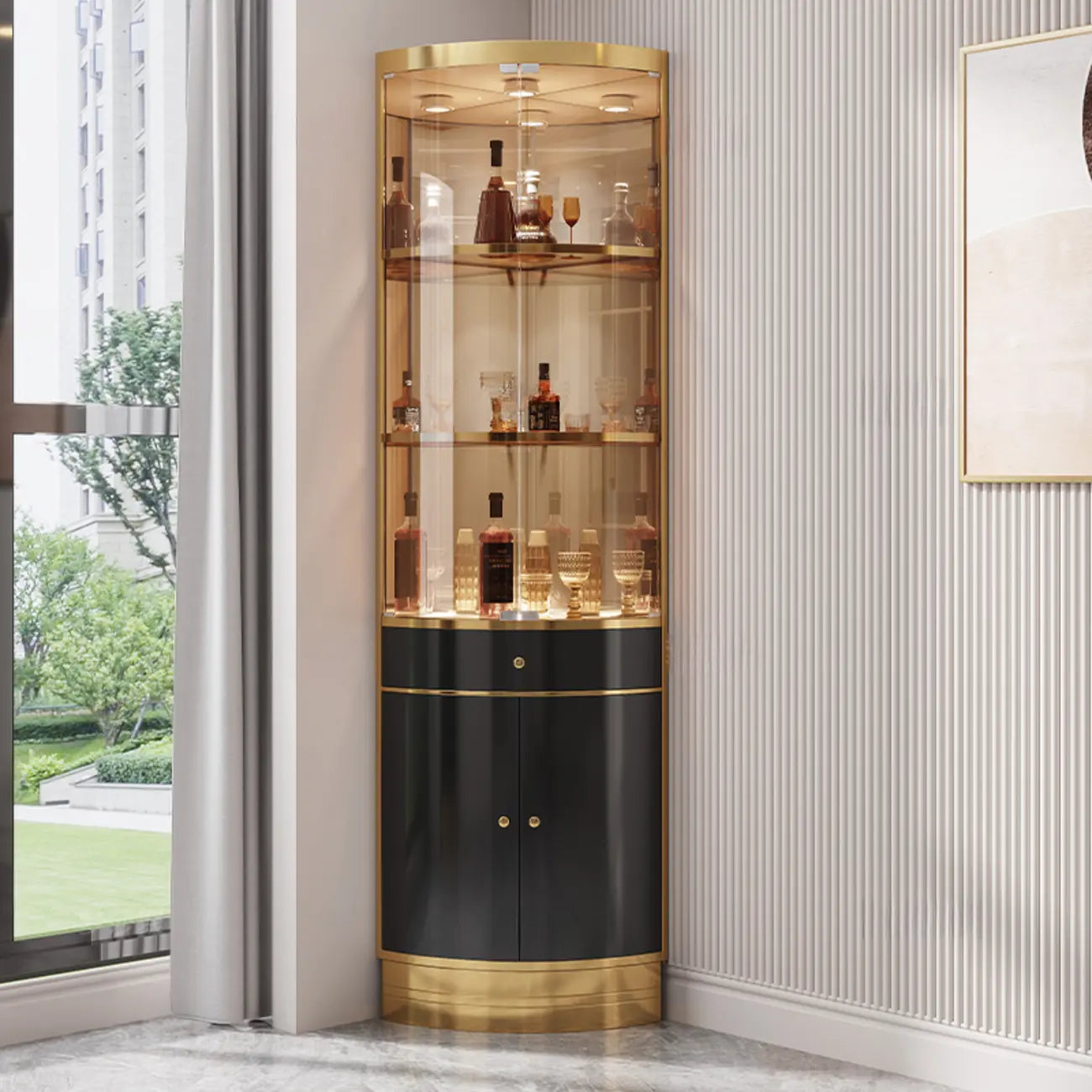 Mobile Bar Angolare con Scaffali Multipli in Vetro e Metallo per Esposizione