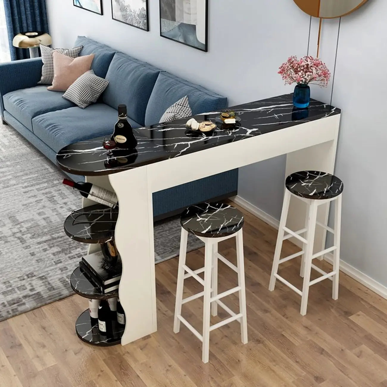 Tavoli da bar moderni con scaffali asimmetrici in legno bianco e nero