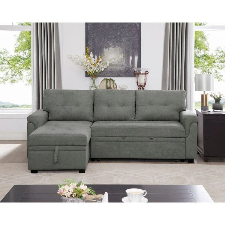 Divano sezionale reversibile con letto estraibile, chaise longue con contenitore nascosto, gambe durevoli,