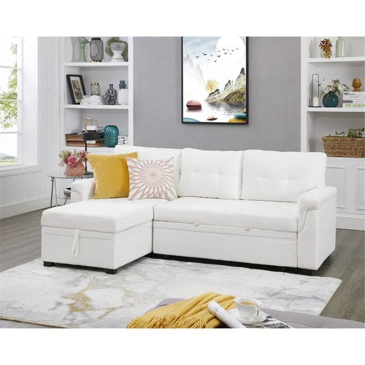 Divano componibile convertibile reversibile con letto estraibile, chaise longue con contenitore nascosto e gambe durevoli
