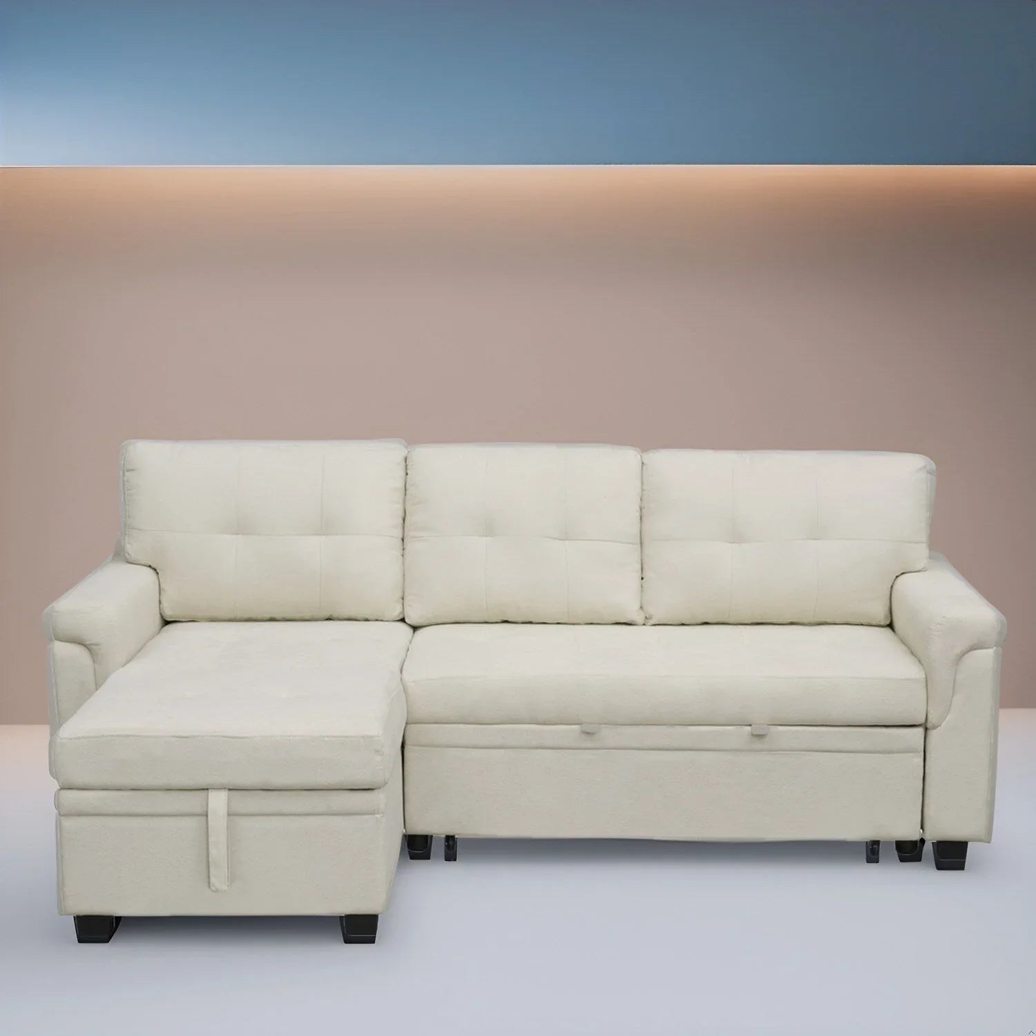 Divano sezionale reversibile con letto estraibile, chaise longue con contenitore nascosto, gambe durevoli,