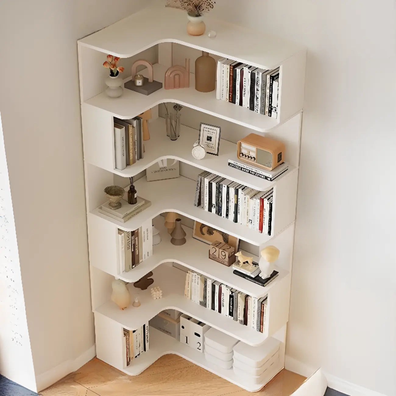 Libreria ad angolo in legno multistrato con 6 ripiani
