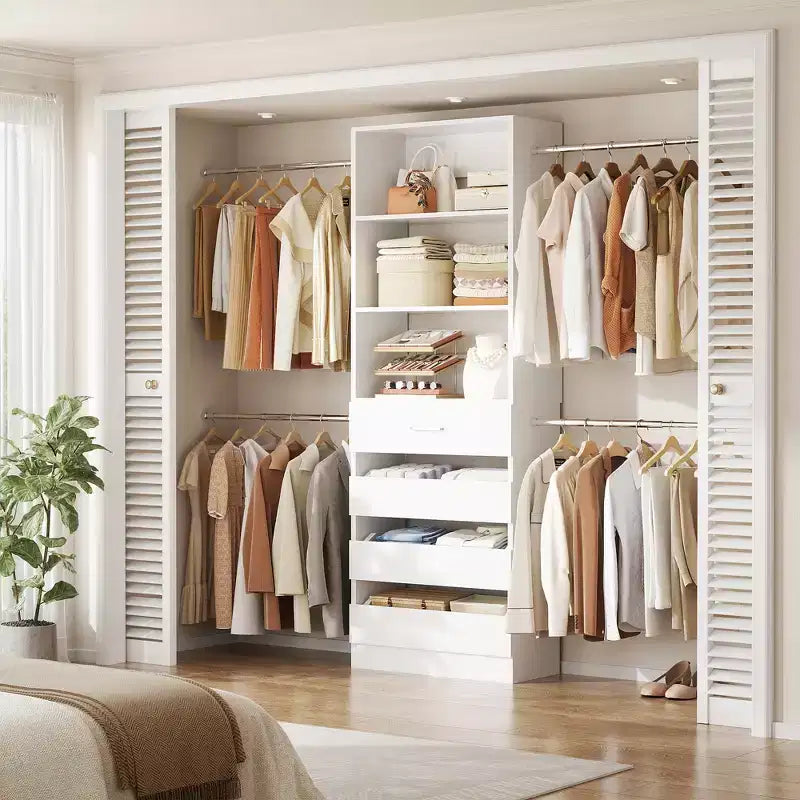 Besiost 4-9 Ft Wooden Closet Organizer System with 4 Drawers, 4 Hanging Rods & Shelving Towers