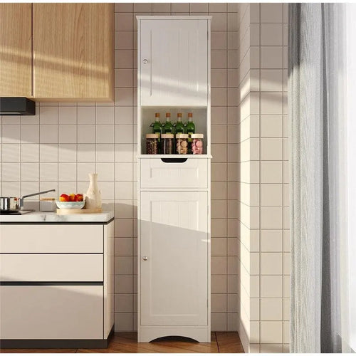 Mobile bagno alto 67 H, Armadietto portabiancheria stretto, Mobiletto contenitore con 2 ante e cassetto
